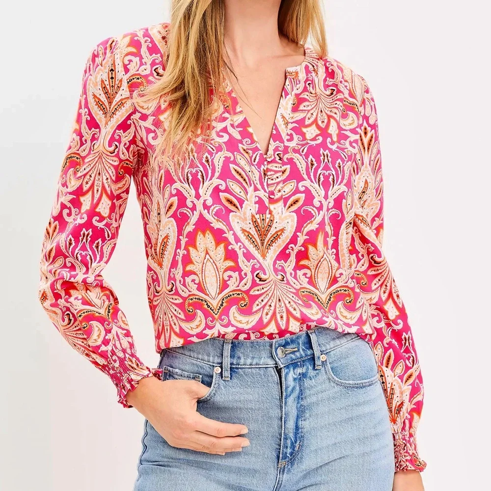 Loft Paisley Smocked Cuff V-Neck Button Blouse Size S